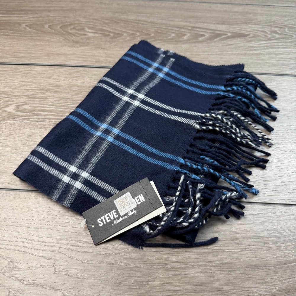Steve Madden Mens Scarf Plaid Fringe Made in Italy Navy OS New